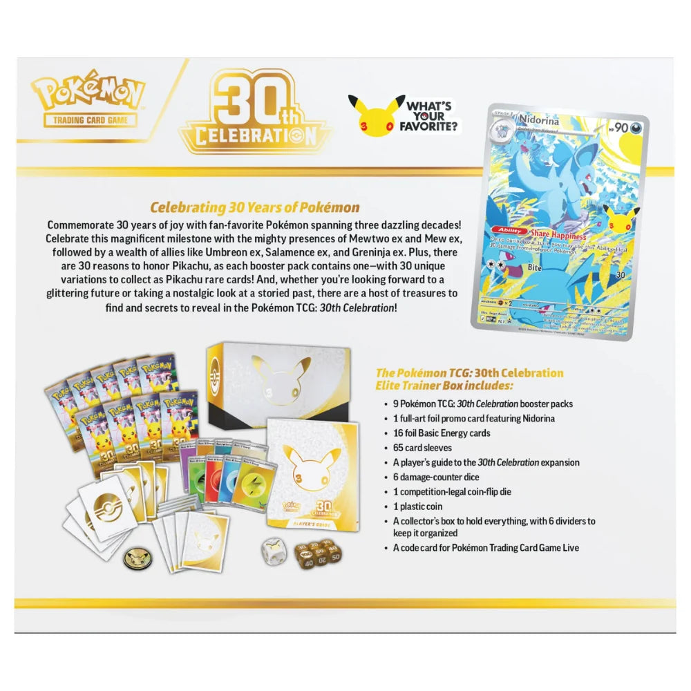 Pokémon 30th Celebration Elite Trainer Box – 9 booster packs, promokort och tillbehör