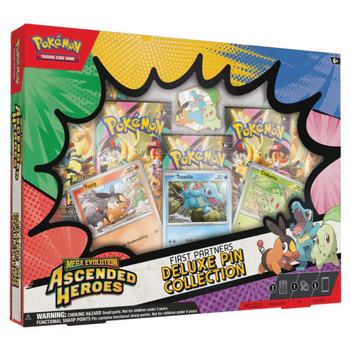 Pokémon Ascended Heroes First Partners Deluxe Pin Collection med Tepig, Totodile och Chikorita – 5 booster packs och 3 promokort