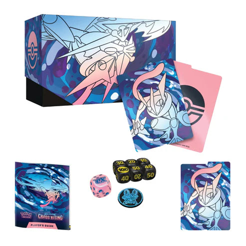 Chaos Rising ETB innehåll – 9 booster packs, promokort, sleeves och tillbehör