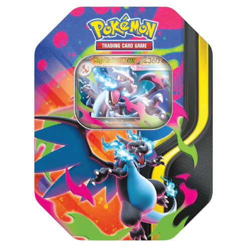 Mega Charizard ex Tin – Pokémon TCG samlarlåda med 4 booster packs och Mega Charizard X eller Y promokort