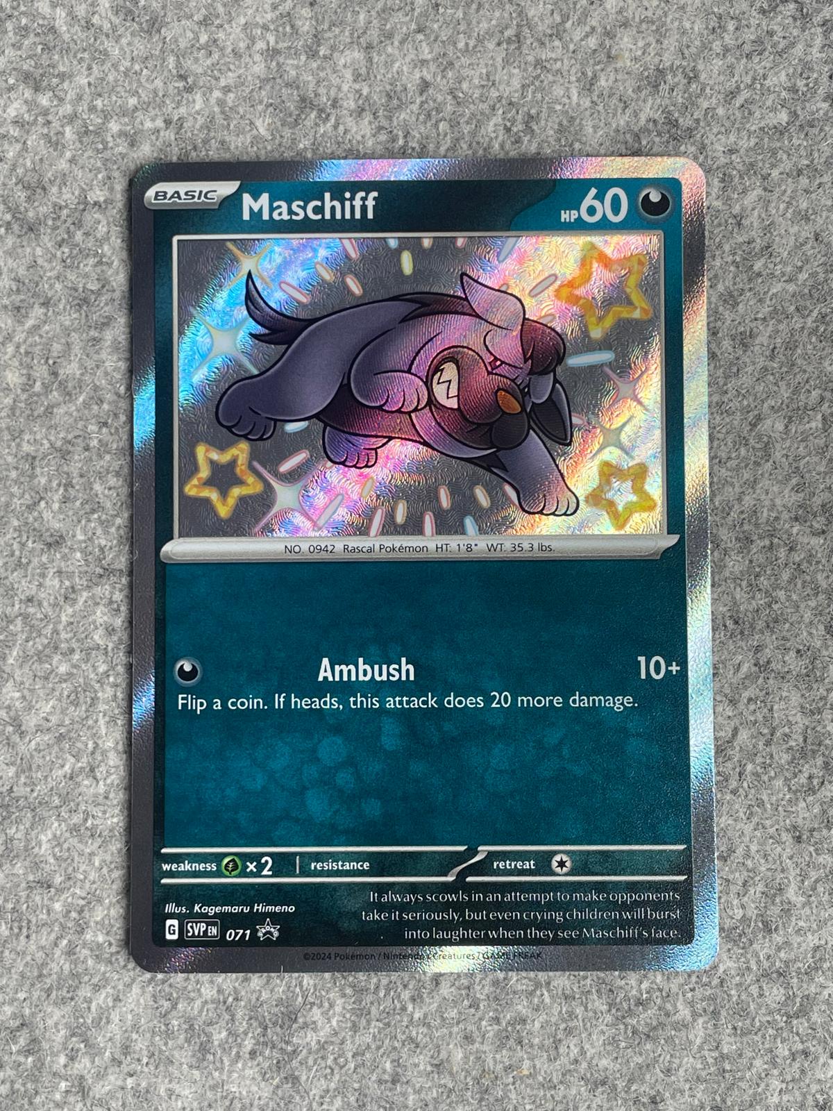 Maschiff SVP 071 är ett Pokémon-kort från Paldean Fates och är ett specialutgivet Promo-kort.