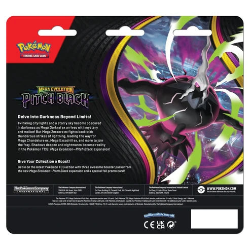 Pokémon TCG: Mega Evolution Pitch Black 3-Pack Blister – baksida av förpackning