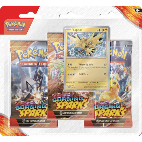 Surging Sparks 3-Pack Blister – Pokémon TCG blister med 3 booster packs och promokort Zapdos